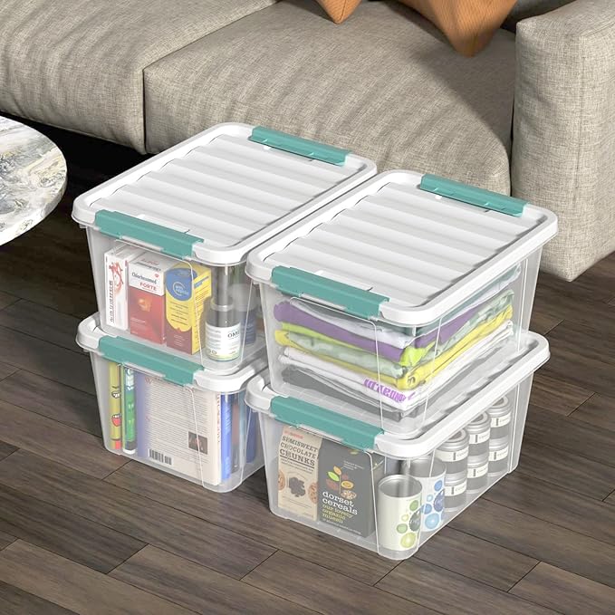 4 Pack 20 Quart Plastic Organizer Bins with Lids, Multi-use Clear Latching Storage Boxes