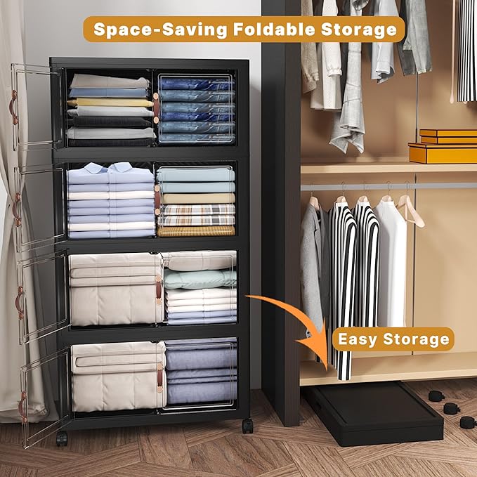 Extra Large Stackable Storage Bins with Lids & Wheels, 440QT-55QT/30GAL*8Pack Foldable Collapsible Closet Organizers Dark Storage Cabinet with Doors for Bedroom Dorm