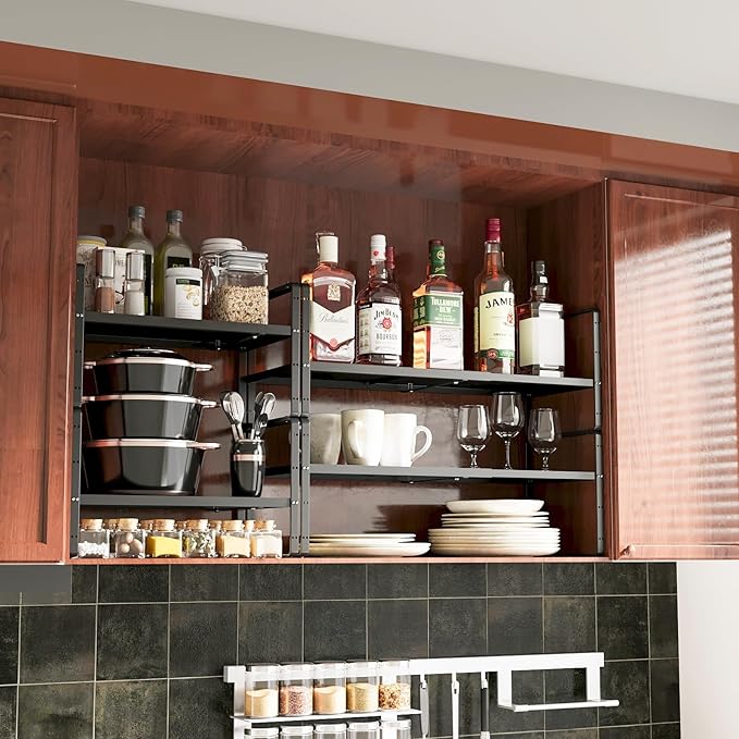 taiheis 16.5~27.1" Expandable Shelf Organizer, 1Pack 10.2" Wide Stackable Cabinet Shelf Organizers, Black Metal Sturdy Kitchen Counter Storage for Countertop, Adjustable Height Spice Rack