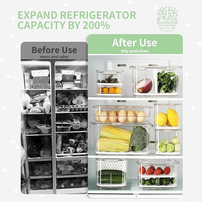 elabo Fruit Storage Containers Fridge Produce Saver -Stackable Refrigerator Organizer Storage and Colander Container with Lids and Removable Drain Tray for Veggie, Berry and Fruits, 2 Large