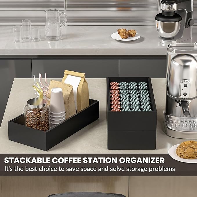 Greatseas Kitchen Drawer Organizer Bins, Stackable Bamboo Drawer Organizer for Silverware, Coffee Pod Organizer K Cup Holder for Countertop, 2 Pcs Coffee Station Organizer Black 12" x 6" x 2.5"