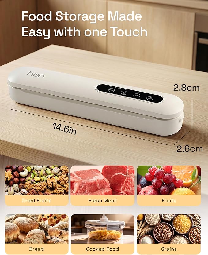 HBN Vacuum Sealer Machine, Automatic Food Sealing System, Dry & Moist Modes, Compact and Efficient, with Built-in Safety Features for Home & Kitchen Use