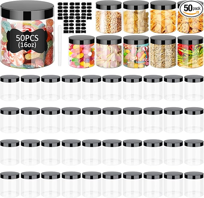 Zubebe 50 Pack 16 oz Plastic Jars with Lids Clear Plastic Mason Jars Airtight Containers Refillable Round Empty Container for Dry Food Storage, Cookie, Honey, Candy(Black)