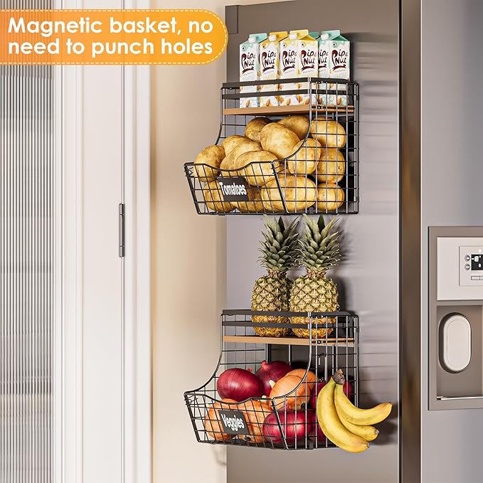 Magnetic Shelf for Fridge with Adjustable Wood Lid & Nameplate, Fruit Potato & Onion Storage Bins with 2 S Hook, Magnetic Spice Rack for Refrigerator, Magnetic Fridge shelf for Kitchen Pantry Laundry