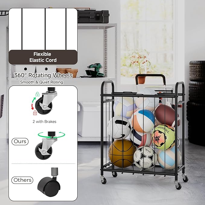 StorageWorks Ball Storage with Wheels, Ball Cart for Garage, Garage Sports Equipment Organizer, Balls Organizer for Basketball, Football, Volleyball