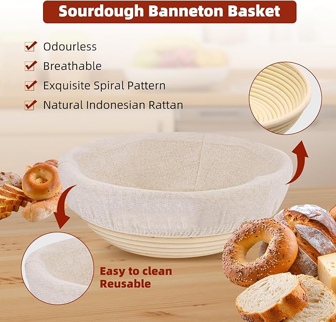 Terronix Bread proofing baskets for sourdough 19-Piece Set ，9" Round & 10" Oval Sourdough basket，Sour dough tools，Including bread pull ring, dough mixer,Complete Sour dough starter kit
