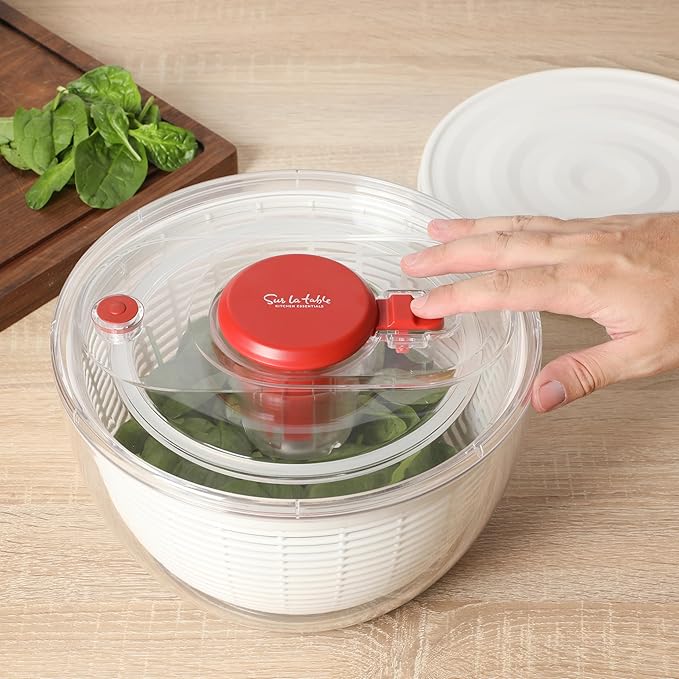 Sur La Table Kitchen Essential 6.3 Qt Salad Spinner, Fruit Wahser, Fruit Washing Bowl with Strainer, Vegertable Cleaner, Salad Cleaner, Lettuce Washer - Red