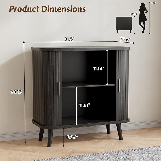 BORNOON Buffet Cabinet with Storage, Curved-Edge Fluted Storage Cabinet Sideboard, Modern Black Sideboard Buffet with Adjustable Shelves & Sliding Door for Dining Room, Kitchen, Entryway