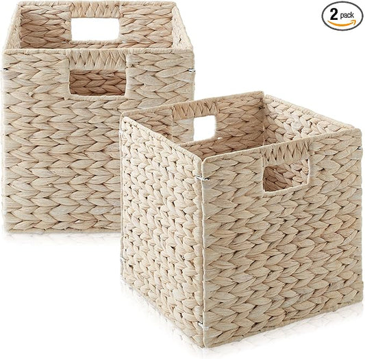 Casafield 10.5" x 10.5" Hyacinth Storage Baskets, Whitewash - Set of 2 Storage Organizers, Woven Wicker Cubes