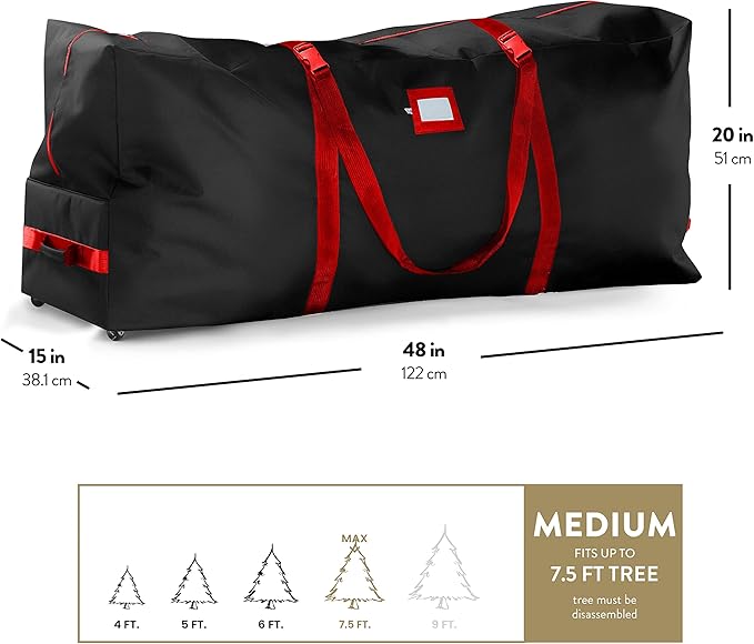 ZOBER 600D Oxford Fabric Rolling Christmas Tree Storage Bag - Fits 7.5 Ft Artificial Trees - Waterproof Christmas Tree Bag For Storage Box For Xmas, Durable Handles and Wheels - Card Slot - Black