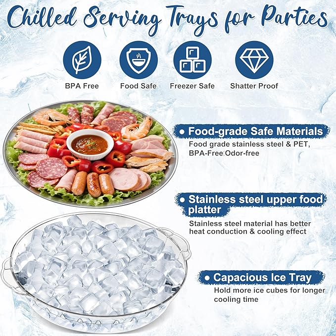 FRUIID Chilled Serving Tray 4-Pack, 11.8" Compartment Charcuterie Board with Clips & Forks for Parties, Keeps Food Cold for Vegetable Fruit, Cheese, Seafood Shrimp Cocktail Serving Dish