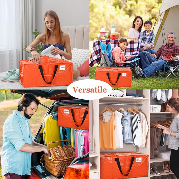 4 Pcs 24 Gallon Extra Large Moving Bags Heavy Duty Storage Bag with Strong Zipper Handle Foldable XXL Jumbo Storage Tote Packing Moving Box for College Dorm Travel Cloth Duffle (Orange)