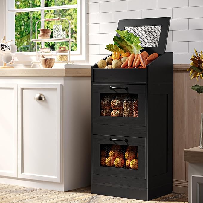 Potato Storage Bin with Lid, Rustic WoodenOnion Storage Bin, Bread Box for Kitchen, Kitchen Decorative Vegetable Storage Cabinet, Black HPC001BK