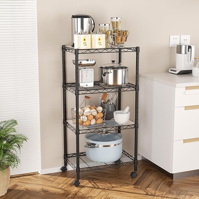 SINGAYE 4 Small Shelves Storage Shelf Wire Shelving Unit Metal Shelf Adjustable Organizers Storage Shelving with Wheels for Bathroom Laundry Room Kitchen Pantry11.5”D x 17.5”W x 30.5”H Black