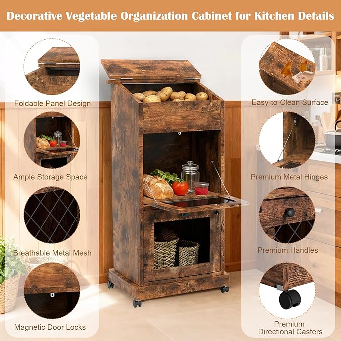 Potato and Onion Storage Bin Wooden Potato Storage Cabinets with Mesh Doors Vegetable Storage Bread Box with Lid Movable Fruit Basket with Wheels Decorative Vegetable Organization Cabinet for Kitchen