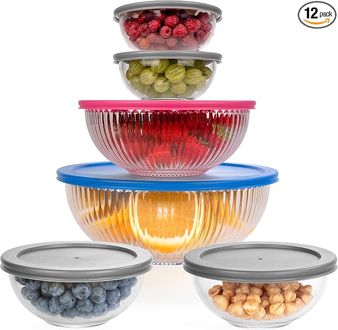 dokaworld Set of 6 Stackable Space-Saving Nesting Glass Bowls with BPA Free Lids for Foodprep, Storage, Baking, Mixing & Cooking, Microwave Safe - Durable Inert Borosilicate Glass