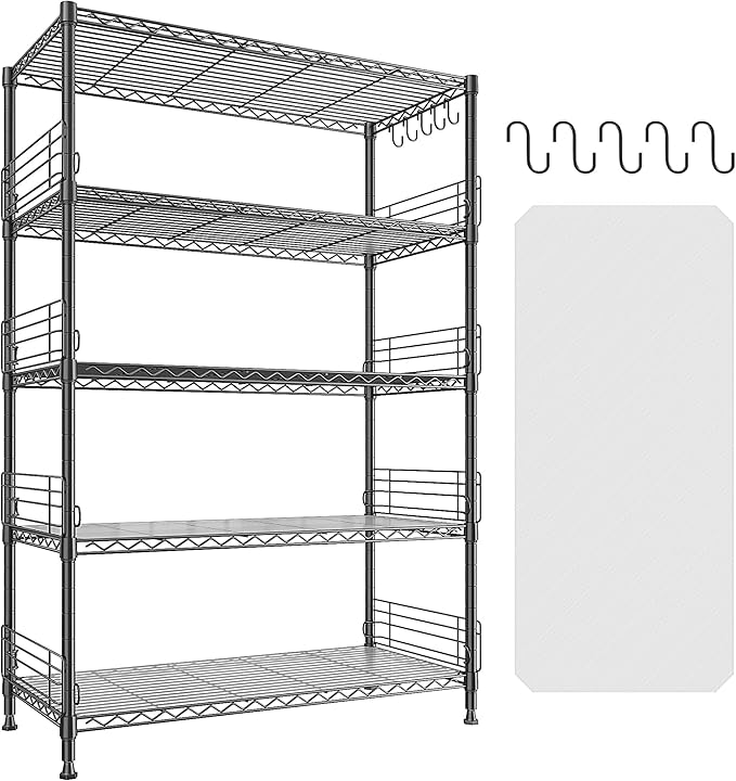 71.5‘’H Wire Shelving Unit With Shelf Linker,5 Tier Metal Shelving Pantry Kitchen Shelves with Side Blockers,Adjustable Standing Storage Shelves Rack with Hooks,Shelf for Utility Room,Basement,office