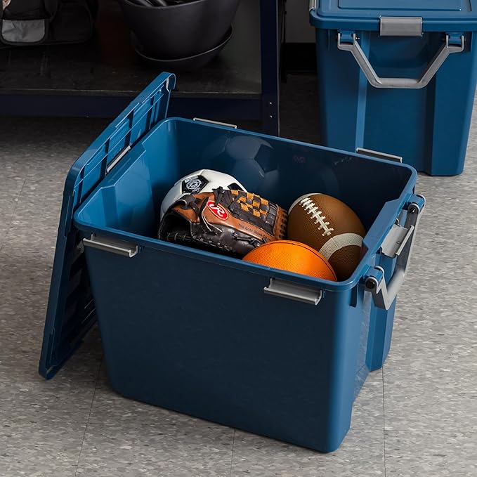 IRIS USA WeatherPro 103 Qt Eco-Friendly Storage Bins with Lids, 2 Pack, BPA-Free Plastic Gasket Box with Tight Latch and Seal, Stackable Nestable Tote Tub - Navy