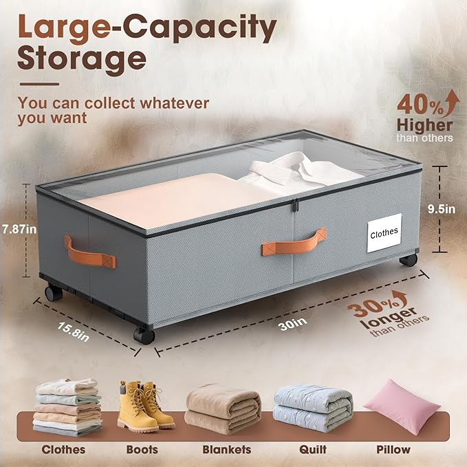 Under Bed Storage Containers with Wheels, 9.5 inches Higher Underbed Shoes Blankets Clothes Toy Storage Drawers for College Dorms Bedrooms Nursery Rooms Organization, 2 Pack to be Assembled