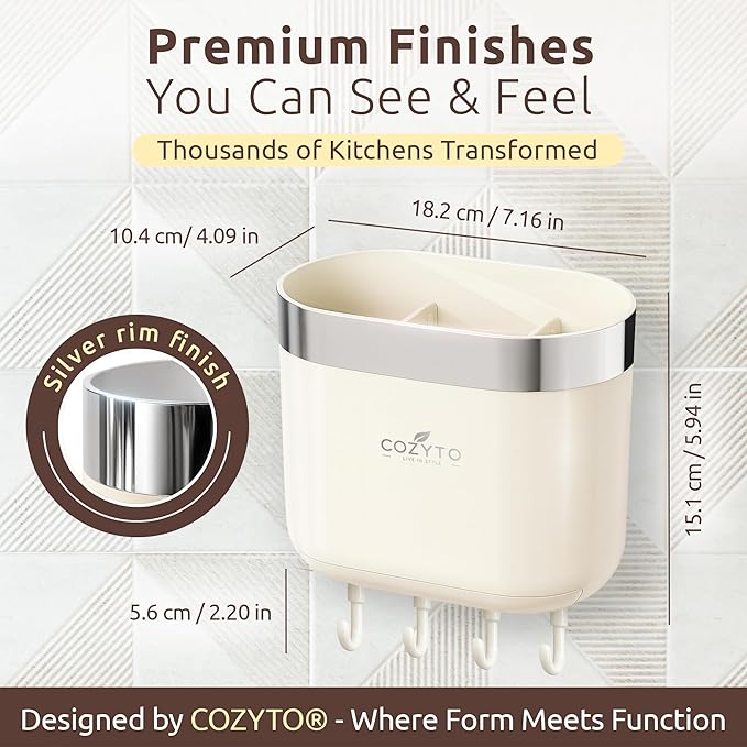 COZYTO LuxTray U1-Pro – Wall Mounted Kitchen Organizer with Hooks, Dividers & Drain Tray, No-Drill Adhesive, BPA-Free – Cream White with Rose Gold or Silver Accent (Cream White & Shiny Silver)
