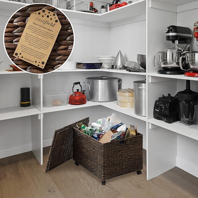 Casafield Rolling Storage Basket Cart with Lid and Locking Wheels, Espresso - Handwoven Water Hyacinth Divided Recycling Sorting Bin for Kitchen, Laundry Room, Garage
