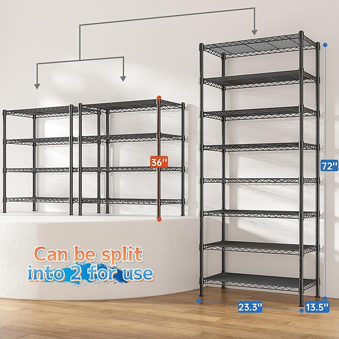 8 Tier Storage Shelves Wire Shelving Unit 1200LBS,Metal Shelving Adjustable and Heavy Duty Shelves for Storage Rack,Pantry Shelves Kitchen Office Industrial Commercial 72H X 13.8D X 23.6W