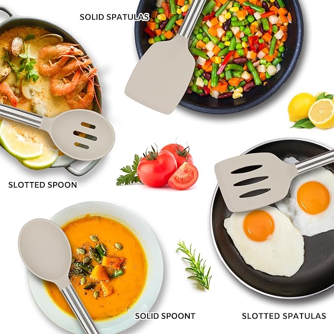 YASUEBI Kitchen Utensils Set Silicone Kitchen Utensils Set for Nonstick Cookware Perfect for Baking and Mixing,Spatula Set BPA Free Dishwasher Safe Khaki 4 Pack