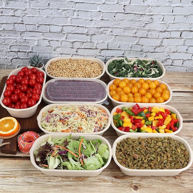 JAYEEY 34 oz Disposable salad bowls with lids, Sugarcane Fiber Paper Bowls take away food containers meal prep food storage deli container 50 Pack