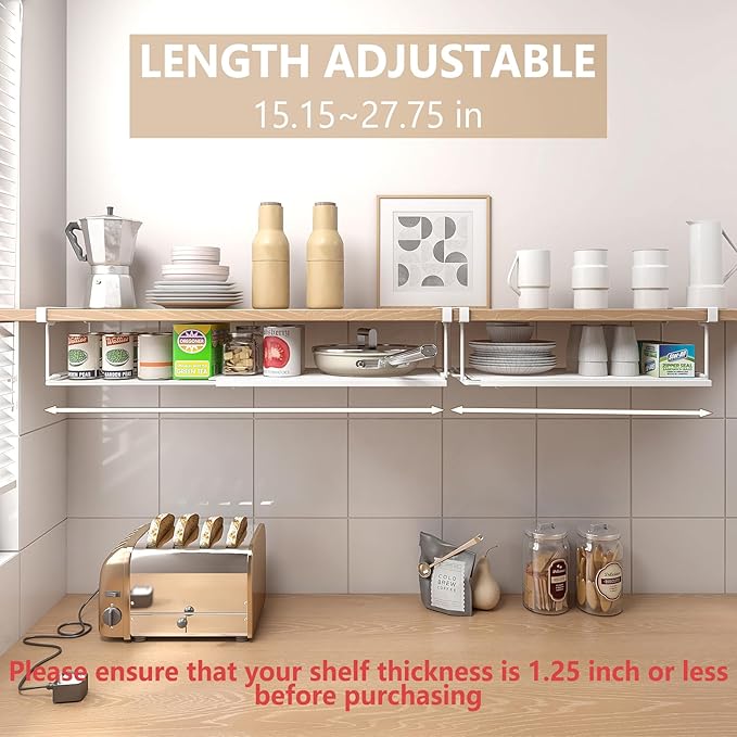 Expandable Under Cabinet Shelf, Extendable Under Shelf Storage with 1.25 Inches Thick Clips for Shoe Rack, Pantry Cabinet, Laundry Room. (White, 2 Pack, Interior: 6" H x 8.26" D)