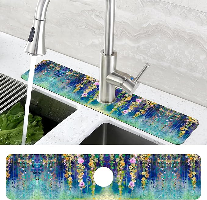 Abstract Watercolor Floral Kitchen Sink Splash Guard Mat Absorbent Fast Drying Mat Faucet Draining Mat Sink Splash Guard Behind Faucet Drip Catcher for Kitchen Bathroom 5.5"×24"