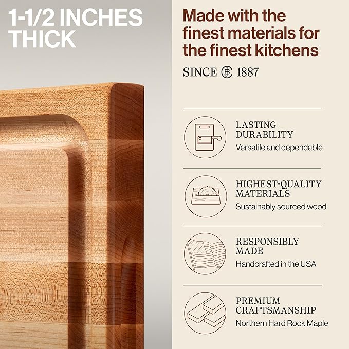 John Boos CB Series Rectangular Wooden Maple Cutting Board 20”x15” – 1.5” Thick, 12-lb Reversible Butcher Block with Juice Groove, Edge-Grain & Finger Grips – Made in the USA