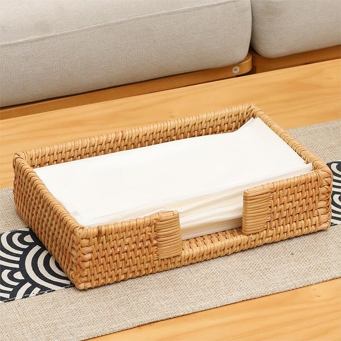Rattan Napkin Holder Rectangle, 9.5" x 5.5" x 2", Wicker Napkin Tray, Woven Guest Towel Holder for Restaurant/Kitchen/Bathroom Paper Towels for Guests
