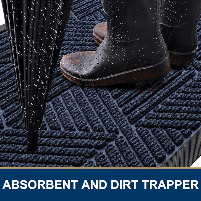 Smiry Front Door Mat Outside Entrance, Heavy Duty Sturdy Natural Rubber Doormat, Trap Dirt and Moisture, Easy Clean Low Profile Welcome Floor Mats for Indoor Outdoor Entry, 59x23 Inch, Navy Blue
