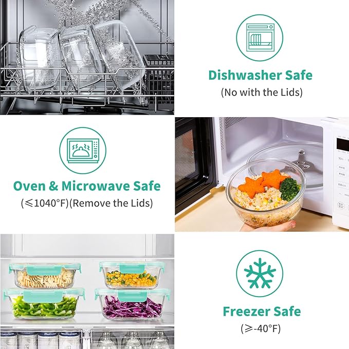 34pcs Glass Food Storage Containers with Lids Set, Airtight Glass Meal Prep Containers (17 Containers & 17 Lids), Leak Proof Lunch Container BPA-Free, Microwave, Oven, Freezer, Dishwasher Safe-Green