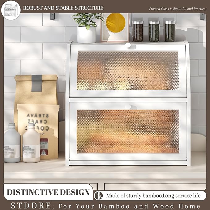 STDDRE Bread Box for Kitchen Countertop Bin Double Layer Bread Box Storage Container Extra Large Capacity with Diamond Pattern Windows (White, Extra Large)