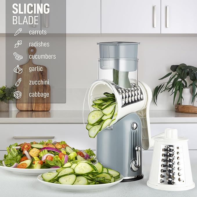 Zulay Kitchen Rotary Cheese Grater 5 Blade Cheese Shredder - Manual Hand Crank Cheese Grater With Reinforced Suction & 5 Interchangeable Drums - Easy to Use, Vegetable Chopper Round Mandoline Slicer