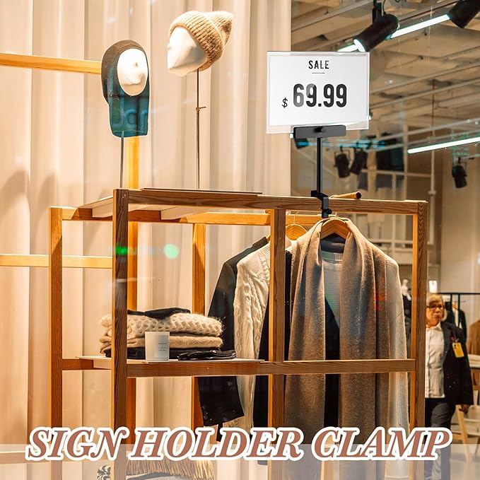 6 Set 5.5 x 7 Inch Aluminum Alloy Retail Sign Holder with Clamp Acrylic Frame Clothing Rack Clip on Sign Holder for Retail Stores Price Card Display (Black)