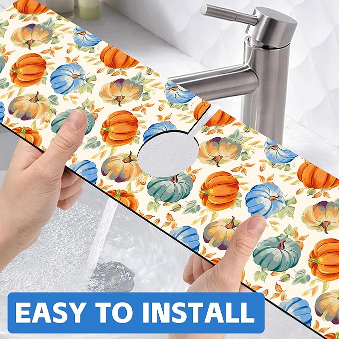Thanksgiving Colorful Pumpkin Dish Drying Mat for Kitchen Sink Splash Guard Behind Faucet Sink Mat Absorbent Fast Drying Faucet Draining Mat for Bathroom Kitchen 5.5"×24"