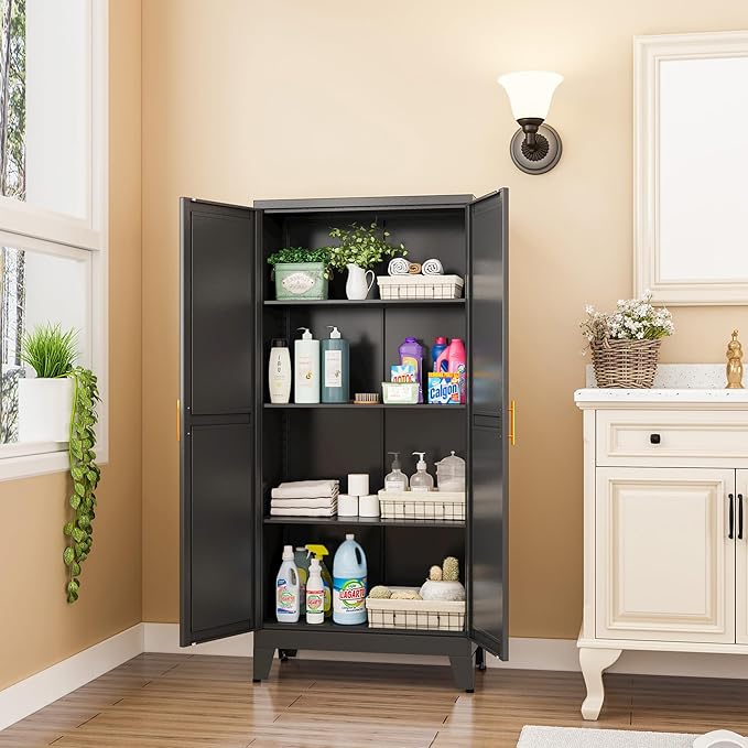 Metal Pantry Storage Cabinet, Kitchen Storage Cabinets with Adjustable Feet and Shelves, Pantry Cabinet for Kitchen, Living Room, Laundry Room and Dinning Room