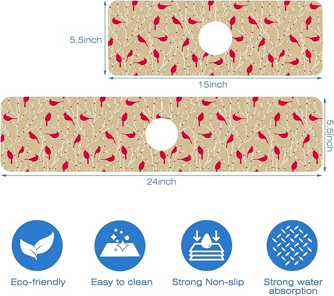 Christmas Cardinal Birds Kitchen Sink Splash Guard Mat Absorbent Fast Drying Mat Faucet Draining Mat Sink Splash Guard Behind Faucet Drip Catcher for Kitchen Bathroom 5.5"×15"