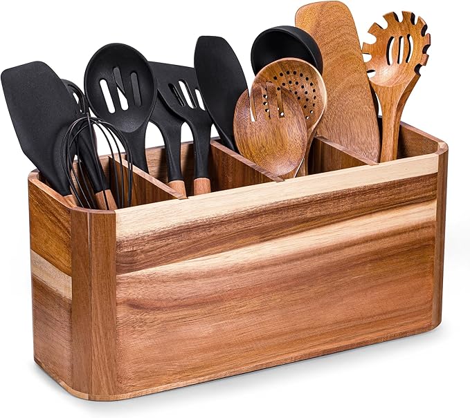 Utensil holder for Kitchen Counter - Large Kitchen Utensil Holder Organizer for Counter or Countertop, Large Wooden Utensil Holder with 4 Compartment（Acacia Wood）