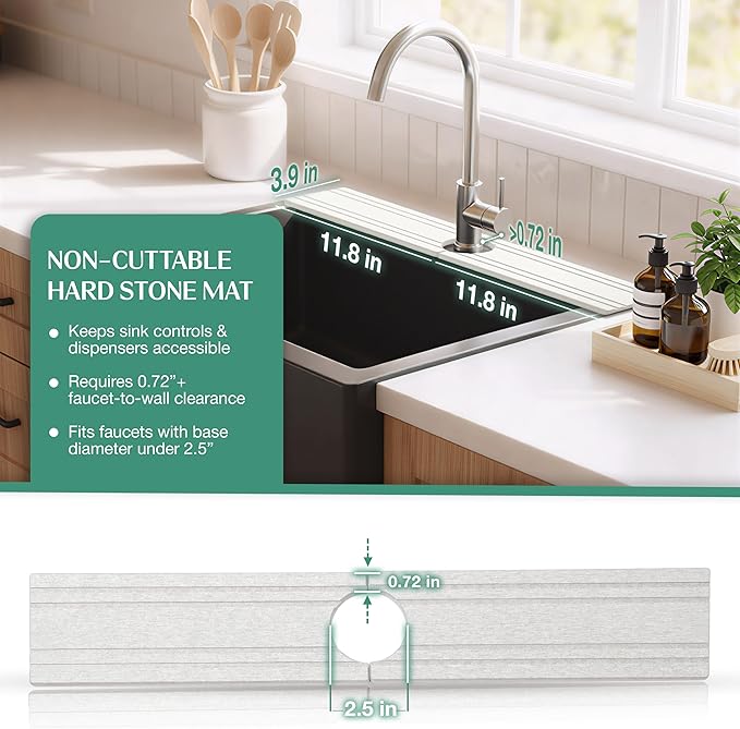 Stone Faucet Mat for Kitchen Sink Splash Guard 23.6" x 3.9" with 2.5" Center Hole | White Diatomite Drying Stone Mat | Non-Slip Stone Tray for Kitchen Counter with Premium Texture & Minimalist Style