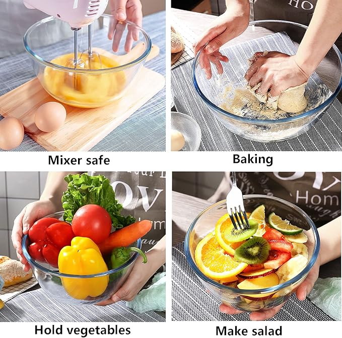 Homwin Glass Mixing Bowl Set of 3 for Kitchen, Baking, Prepping, Serving, Cooking 1.1QT, 2.5QT, 4.2QT Large Salad Bowl Set, High Brosilicate Bowl Set, Stackable, Non-toxic, Microwavable, Great Gift