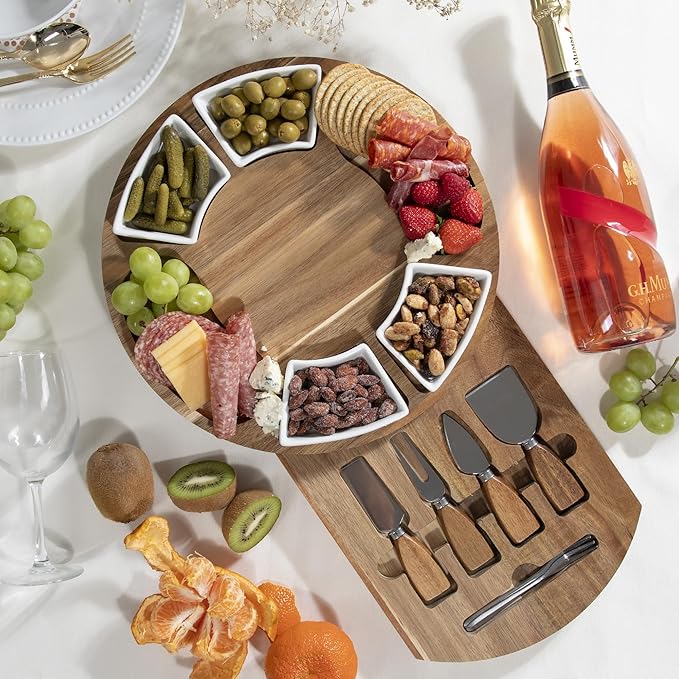 Acacia Cheese Board & Knife Set – Charcuterie Board with Ceramic Bowls, Slide-Out Drawer & Serving Utensils, Perfect for Entertaining – Ideal Gift for Weddings, Housewarming & Holidays