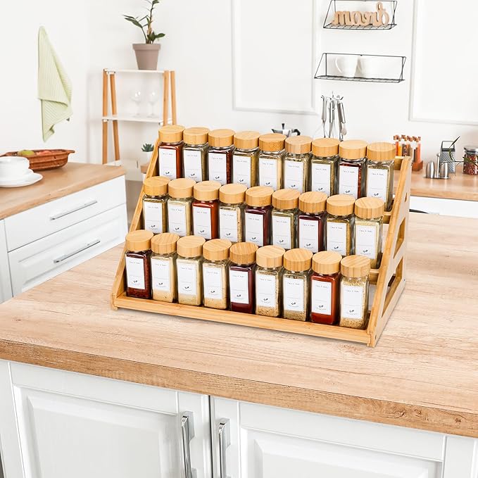 MNADSFKJ Spice Rack, Spice Organizer -3 Tier Bamboo Spice Racks, Solution for Spice Storage in Kitchens, Countertops，Storage Rooms and Other Places