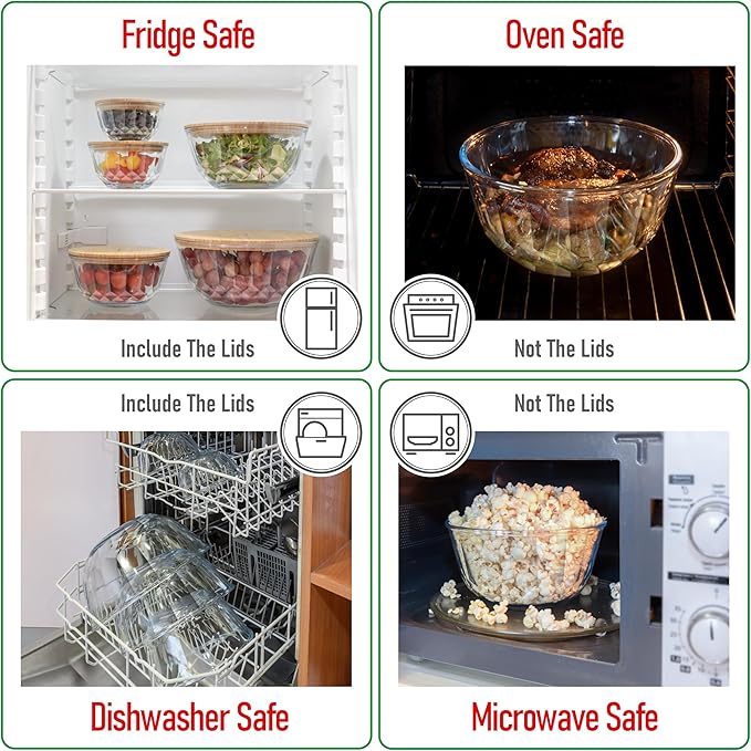 dokaworld Large Stackable Set of 5 Nesting Glass Bowls with Bamboo Lids for Foodprep, Storage, Baking, Sourdough Mixing & Cooking. Microwave & Oven Safe Heat Resistant Inert Borosilicate Glass