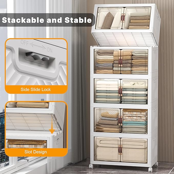 Extra Large Stackable Storage Bins with Lids & Wheels & Door, 560QT-112QT/28GAL*5Pack Foldable Collapsible Closet Organizers, Plastic containers drawers for bedroom Dorm