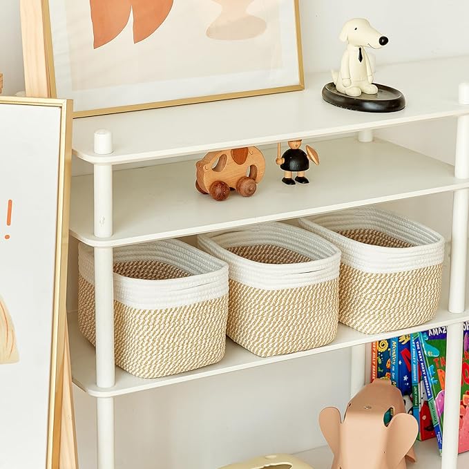R RUNKA Small Cotton Rope Basket – Storage Bin for Organizing (10.6" x 6.7" x 6.7"), Bathroom Storage Basket for Shelf, Counter & Closet（White & Mixed Camel）