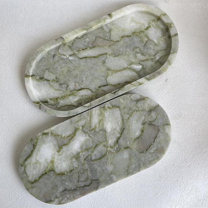 SAIDKOCC Natural Marble Oval Tray Ornaments Vintage Small Tray Storage Dish for Counter, Vanity, Dresser, Nightstand and Desk (Green Emerald)