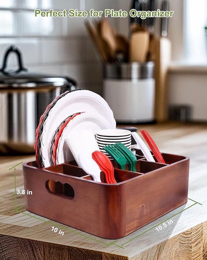 Bonfixe Acacia Wood Utensil Holder, Silverware Organizer Caddy with 4 Anti-Slip Pads, 5 Removable Dividers Utensil Organizer for Kitchen Counter, Party, and Picnic